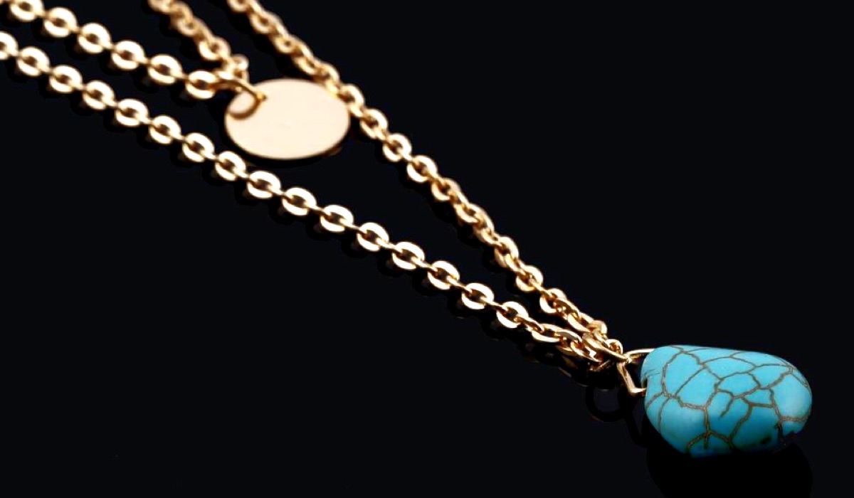 House of Doku Multi Layer Gold Chain with Turquoise Blue Water Tear Drop and Gold Coin Circle Pendant Necklace